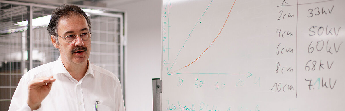 Professor erklärt etwas an der Tafel