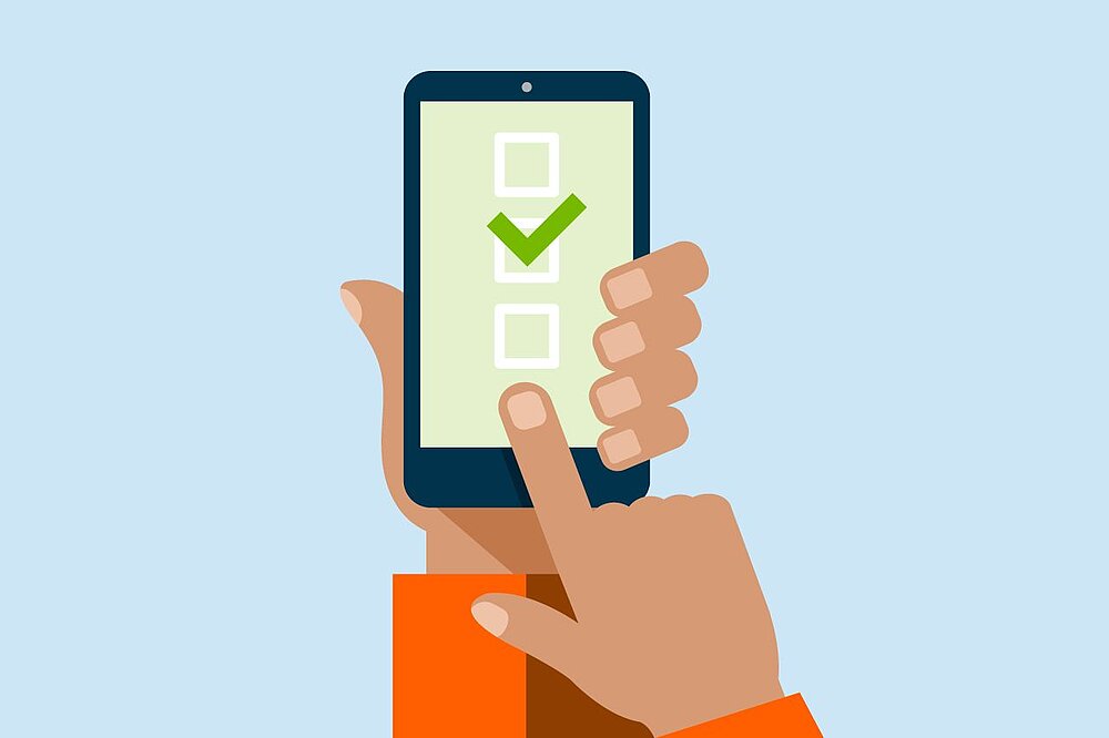 Grafik: Ein Finger tippt auf ein Smartphine mit Buttons, in einem Button ist ein grüner Haken