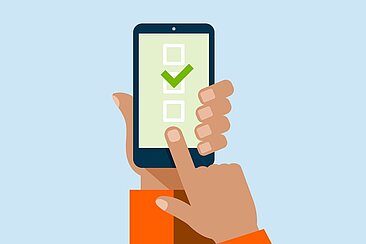 Grafik: Ein Finger tippt auf ein Smartphine mit Buttons, in einem Button ist ein grüner Haken © iStock.com - Jane Kelly Grafik: Ein Finger tippt auf ein Smartphine mit Buttons, in einem Button ist ein grüner Haken